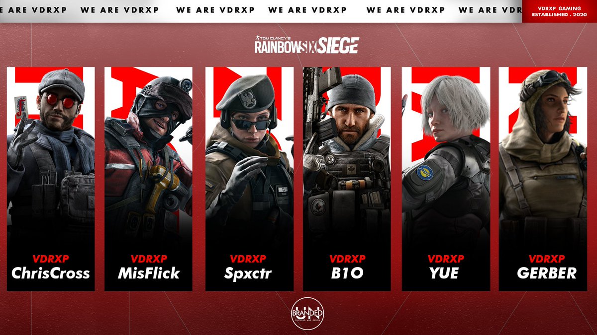 ‼️ROSTER ANNOUNCEMENT‼️

Please Welcome Our #Vdrxp PC #R6S Roster Ladies &amp; Gents 

<a href="/ChrisIsCross_/">ChrisCross</a> 
<a href="/MisFlick_R6/">MisFlick</a> 
@Spxctr_ 
<a href="/b1ometrics_r6/">Stéfan Mc Aslin</a> 
@My_H4ZUNO 
<a href="/Marlu_Gerber/">Marlu Gerber 🇿🇦</a> 

We're so excited to be back on the scene with these Gents 🔥🔥 

#weareVdrxp <a href="/UNBrandedMFG/">UNBranded</a>