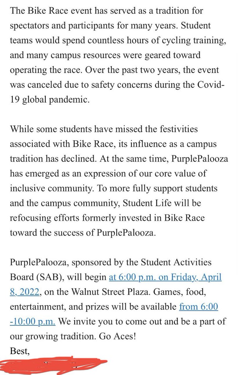 I hope the <a href="/UEvansville/">University of Evansville</a> is pulling an EARLY April fools joke as some part of a tiktok trend or something, but CANCELLING Bike Race forever in favor of whatever Purple Palooza is could be the most comical thing I’ve ever seen. From an alumni, trust me, this would be catastrophic