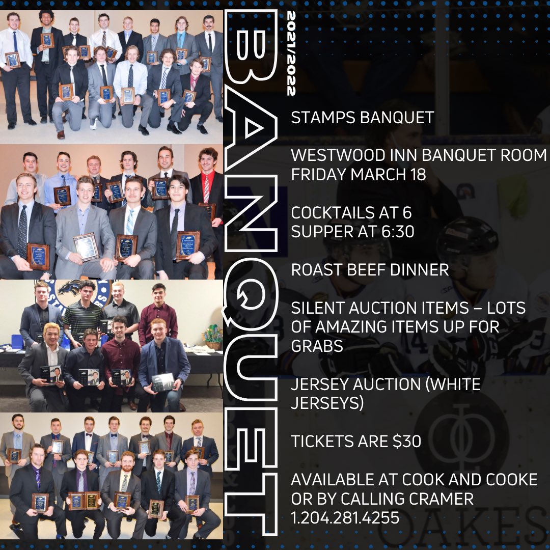 SVStampeders's tweet photo. Stamps Banquet
 
Westwood Inn Banquet Room
Friday Mar. 18
Cocktails at 6
Supper at 6:30
 
Roast Beef Dinner
Silent auction items – lots of amazing items up for grabs
Jersey Auction (White jerseys)
 
Tickets are $30
Available at Cook and Cooke or by calling Cramer 1.204.281.4255. https://t.co/kO15YQvWKz