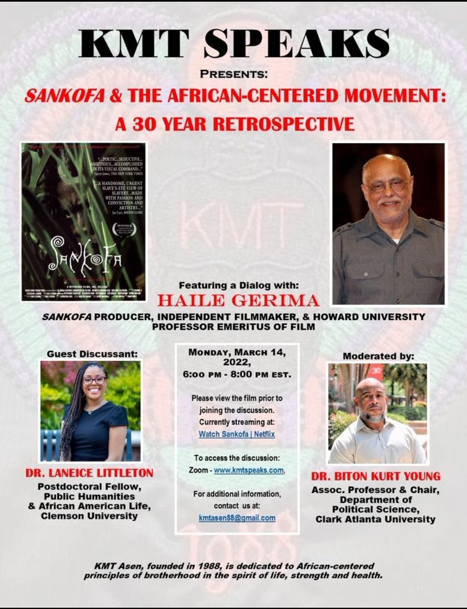 AyizeS's tweet photo. 2 hours away! #HaileGerima discussion on the ⁦@netflix⁩ recently re-released #SankofaTheMovie, 3/14/22 at 6pm EST w/ #KMT4Life, so join the convo for #Free! ⁦@allenorresq⁩ ⁦@uniqueloves ⁦@dijoni⁩ ⁦@IsaNahilaS ⁦⁦@SankofaDC⁩ ⁦@GRevmgbrown4 https://t.co/luL5b8qGEq