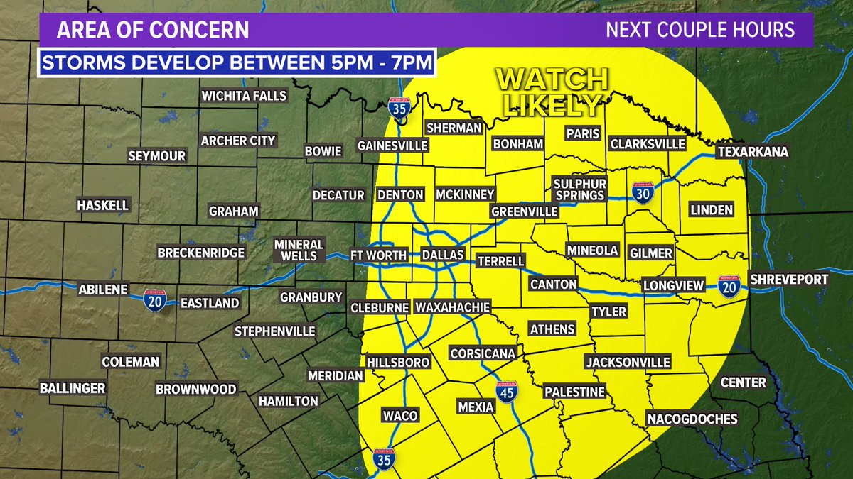 wfaaweather's tweet photo. No surprises here. An area from DFW to the east will likely be under a watch here in the next couple hours. Expecting storms to pop between 5-7pm somewhere around I-35 and then quickly move east. #wfaaweather https://t.co/3jhi8sFshs