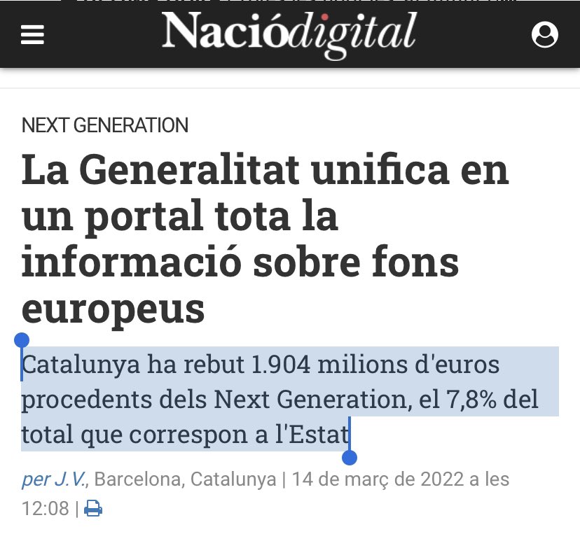 gcapdevila's tweet photo. 16% de la població, 19% del PIB, 7,8% dels fons Next Generation UE. Dins d'Espanya, Catalunya sempre perd. https://t.co/MdA0smEJGW