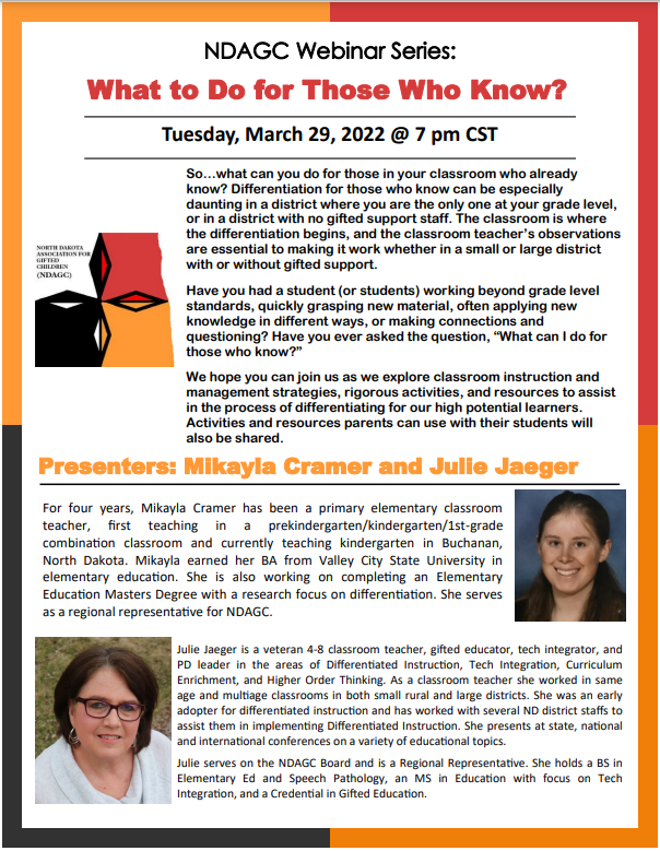 DakotaGifted's tweet photo. Our next webinar will focus on differentiation in the general education classroom. Join us live on March 29th at 7 p.m. https://t.co/2u6eVyUEUz