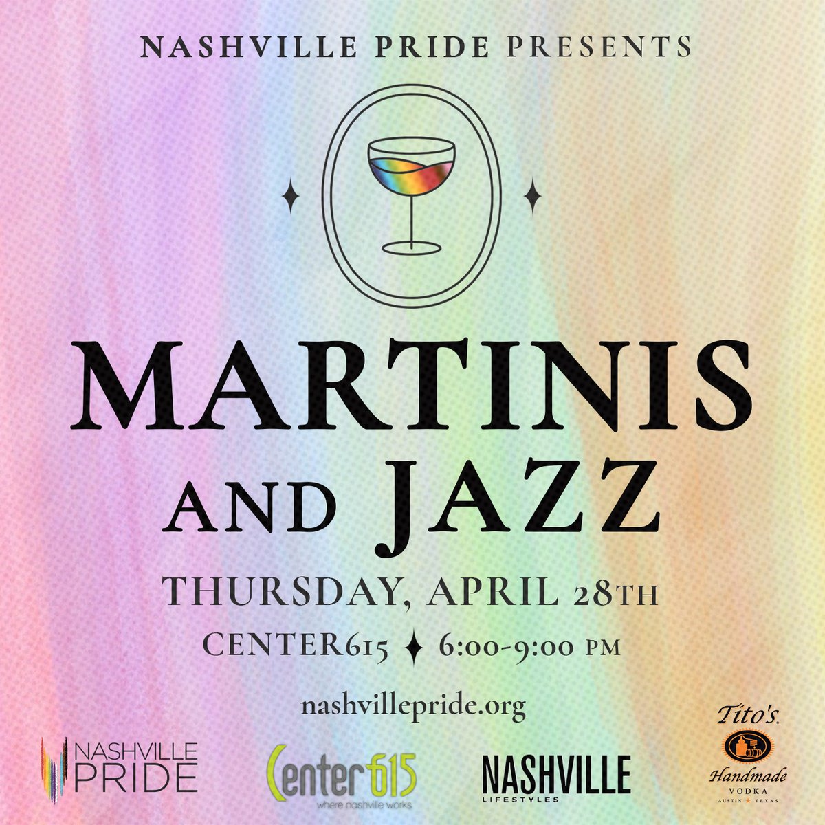 Join us April 28th 6-9pm at @Center615 for the return of Martinis + Jazz Fundraiser!🍸🎷 The event includes a silent auction w/ fantastic items, martinis + live music 🎶 Funds from this event help support the annual Nashville Pride Festival + Parade 🏳️‍🌈 nashvillepride.org/martinisandjazz