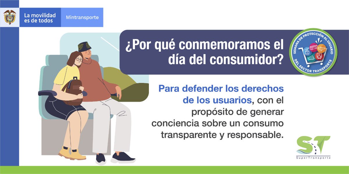 Supertransporte's tweet photo. El Gobierno de Colombia, en cabeza de la Delegatura para la Protección de Usuarios del Sector Transporte, celebra el #DíaMundialDelConsumidor, con la Semana de #ProtecciónAlUsuario. Te invitamos a descubrir las actividades que preparamos #EnEquipo en➡️  https://t.co/3dpkEJ8YVj https://t.co/1JAUrKJXwl