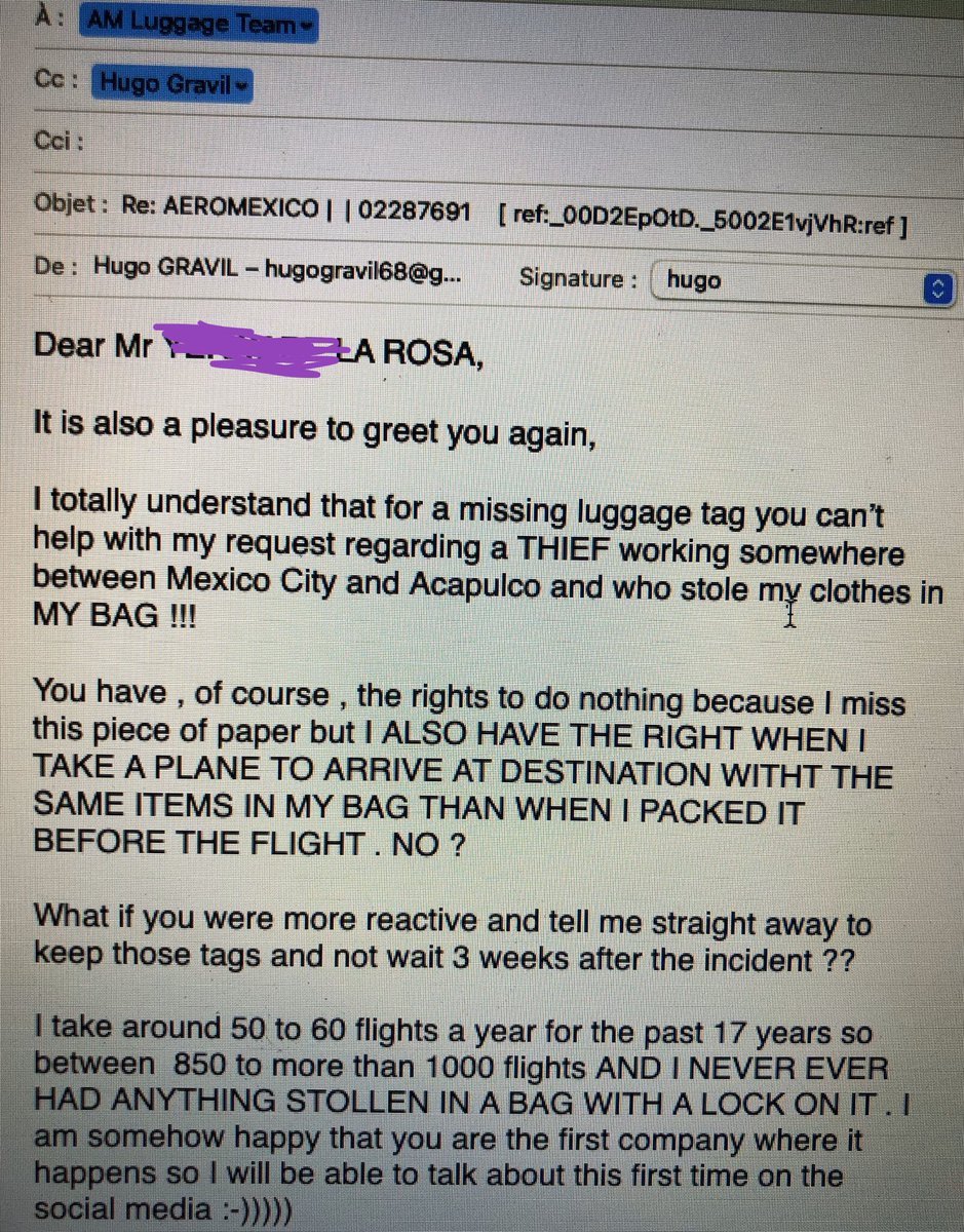 hugophysio's tweet photo. @Aeromexico @skyteam Aeromexico seems unconcerned about having a thief working in Mexico City or Acapulco airport. Save all documents otherwise when you unpack your luggages and find out 1/2 clothing is missing they will do NOTHING. 
Very sad Aeromexico but pure truth !! https://t.co/fu8XU4ZW51