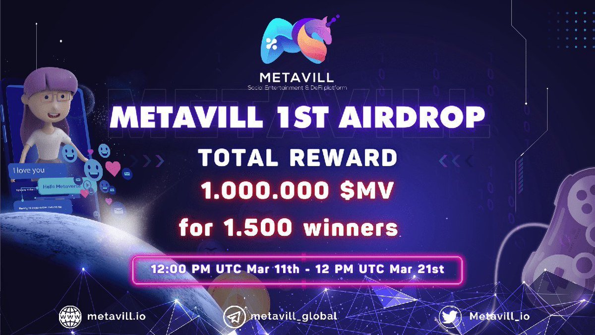🚀 Airdrop: Metavill
💰 Value: 1,000,000 $MV
👥 Referral: +1 Entry
📅 End Date: 21st March, 2022
🏦 Distribution Date: 10 days after IDO

Go to the Airdrop page 
gleam.io/eFykS/metavill…

#Airdrop #Airdrops #Crypto