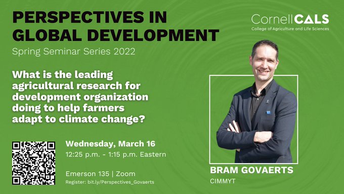 #CornellCALS | Bram Govaerts, Director General del <a href="/CIMMYT/">CIMMYT</a>, hablará de la transición hacia una agricultura sustentable para enfrentar la crisis climática. 

¡Únete a la conversación!

📅 16 de marzo de 2022
🕧 12:35 – 1:15 pm ET
💻 Registro:  bit.ly/Perspectives_G…