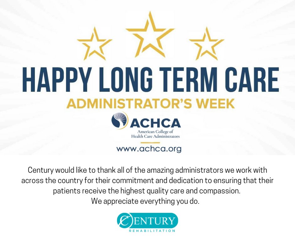 CenturyRehab's tweet photo. Century would like to thank all of the amazing administrators we work with for their commitment and dedication to ensuring that their patients receive the highest quality care and compassion. We appreciate everything you do.
#centuryrehab #carematters #LTCAWeek22 https://t.co/QL5TxRzo1t