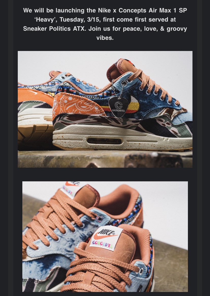 SXSW Sneakerheads!! Get over to <a href="/Sneakerpolitics/">Sneaker Politics</a> tomorrow to cop a contender for shoe of the year… the <a href="/cncpts/">CNCPTS</a> x Air Max 1 ‘Heavy’!!
