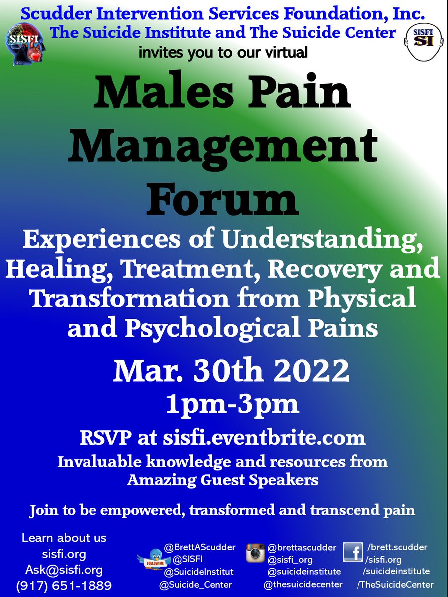 Elated to host/moderate "Males Pain Management Forum" <a href="/SISFI/">Scudder Intervention Services Foundation Inc SISFI</a> <a href="/SuicideInstitut/">The Suicide Institute- training, research, support</a> <a href="/Suicide_Center/">Suicide Center</a>, 3/30, 1pm to understand, normalize, humanize, empathize, destigmatize, transform experiences of #addiction #anxiety #depression #PTSD #suicide #trauma. Great guests. #TheSuicideNetwork