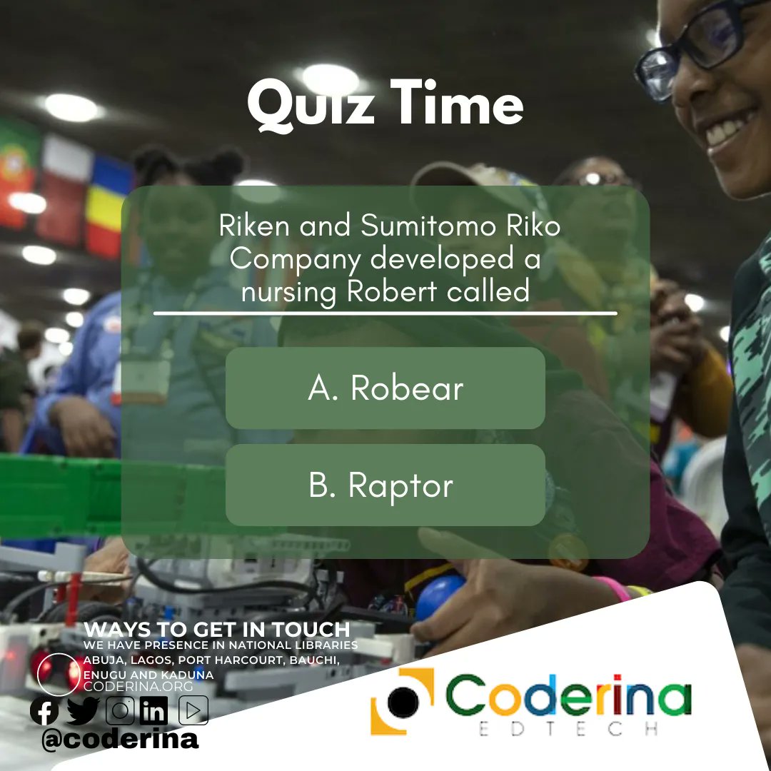 coderina's tweet photo. #mondayquiz
Riken and Sumitomo Riko Company developed a nursing Robert called?
A. #Robear
B. #Raptor https://t.co/QDl00YaYik