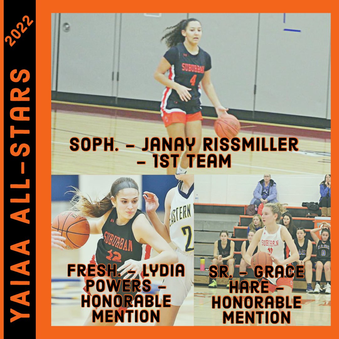 YSGBasketball's tweet photo. YSGB 2022 YAIAA All-Star Team Selection:
Sophomore - Janay Rissmiller - 1st Team, Freshman - Lydia Powers - Honorable Mention, Senior Grace Hare - Honorable Mention. 🏀 https://t.co/9jg9qwXhhR