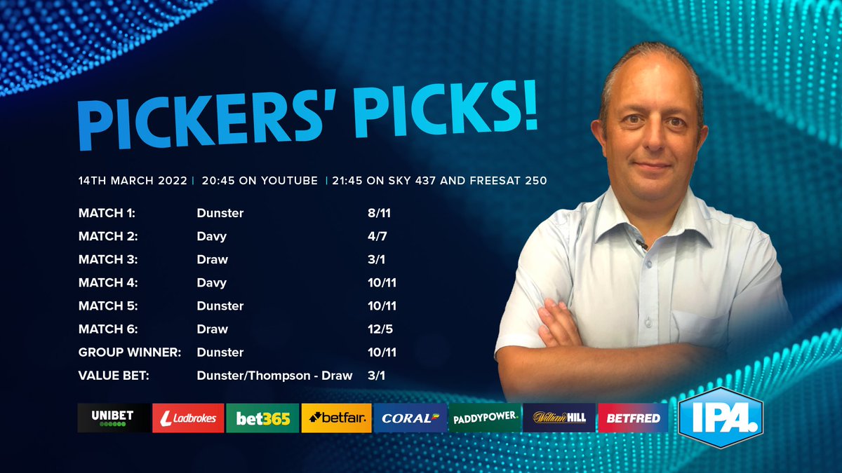 Some Betting odds for tonight’s Pool Matches and of course my regular Pickers Picks.

Who are your picks??

<a href="/IPAPool/">IPA Pool 🎱</a> <a href="/PickersPicks/">Pickers Picks</a> <a href="/tv_sporty/">SportyStuffTV</a> <a href="/GaryWiltshire16/">Gary Wiltshire</a>
