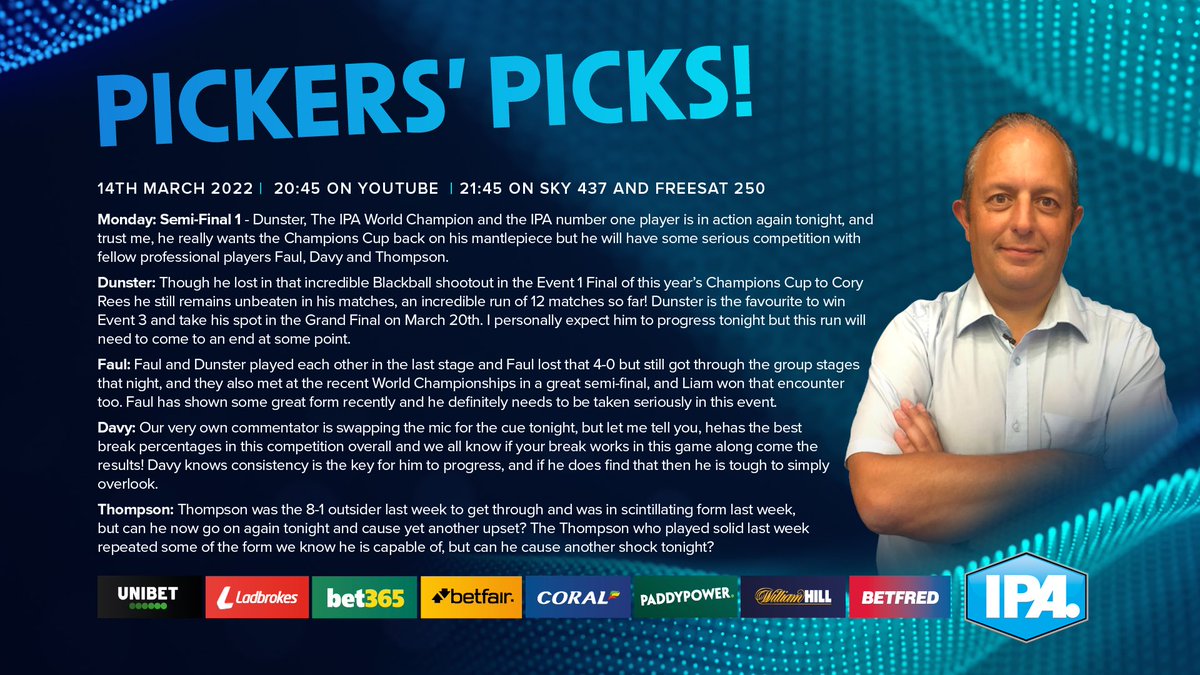 PickersPicks's tweet photo. Some Betting odds for tonight’s Pool Matches and of course my regular Pickers Picks.

Who are your picks??

@IPAPool @PickersPicks @tv_sporty @GaryWiltshire16 https://t.co/0OlWgmHqLE