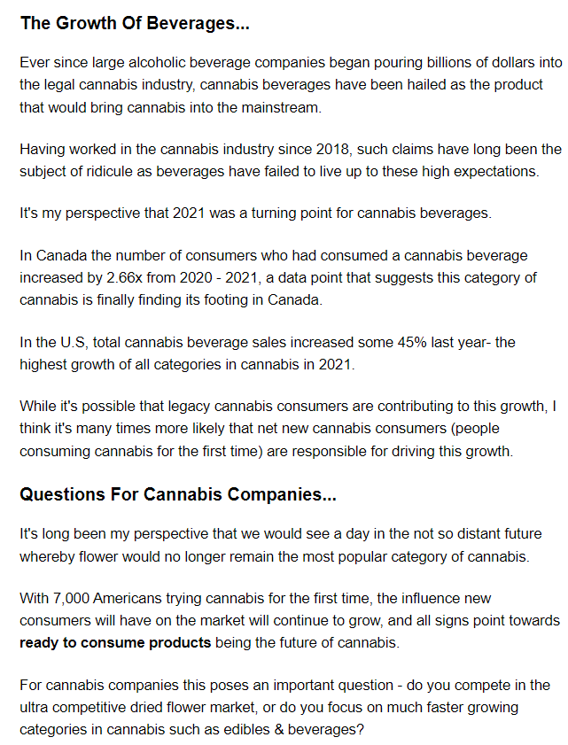 Nice view on the future of cannabis beverages from <a href="/thegreenpaper_/">The Green Paper</a>. Flower is still the dominant format, but I think that the simple act of "smoking" is enough to keep lots of potential consumers away. The question is do more formats = more net new cannabis consumers?
