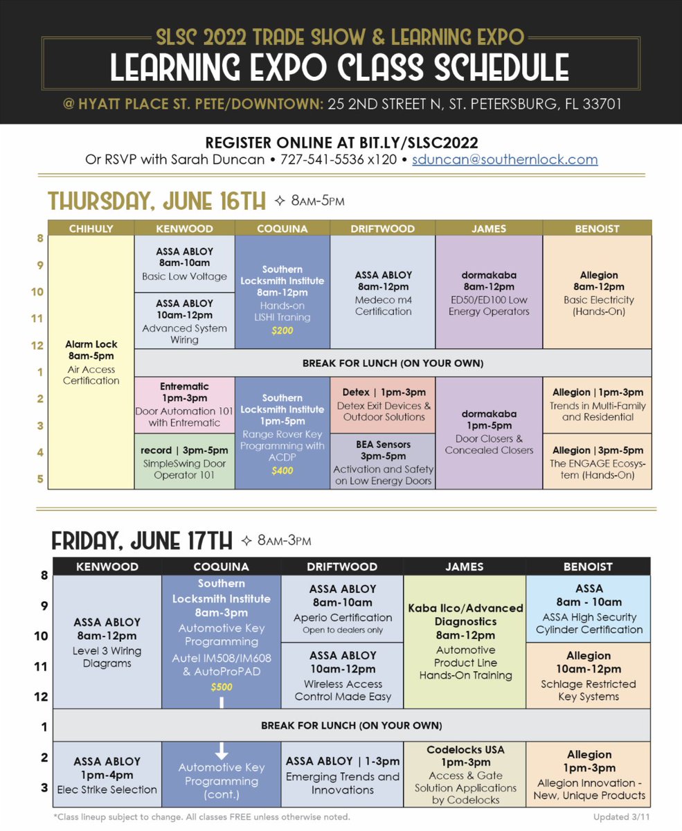 SouthernLock's tweet photo. JUST RELEASED! ✨ The 2022 Learning Expo Class Schedule is here! Register today for 25  hands-on and certification training courses from all your favorite manufacturers! Register here FREE: https://t.co/TRsXymjxwH https://t.co/XnIeA5rbVU