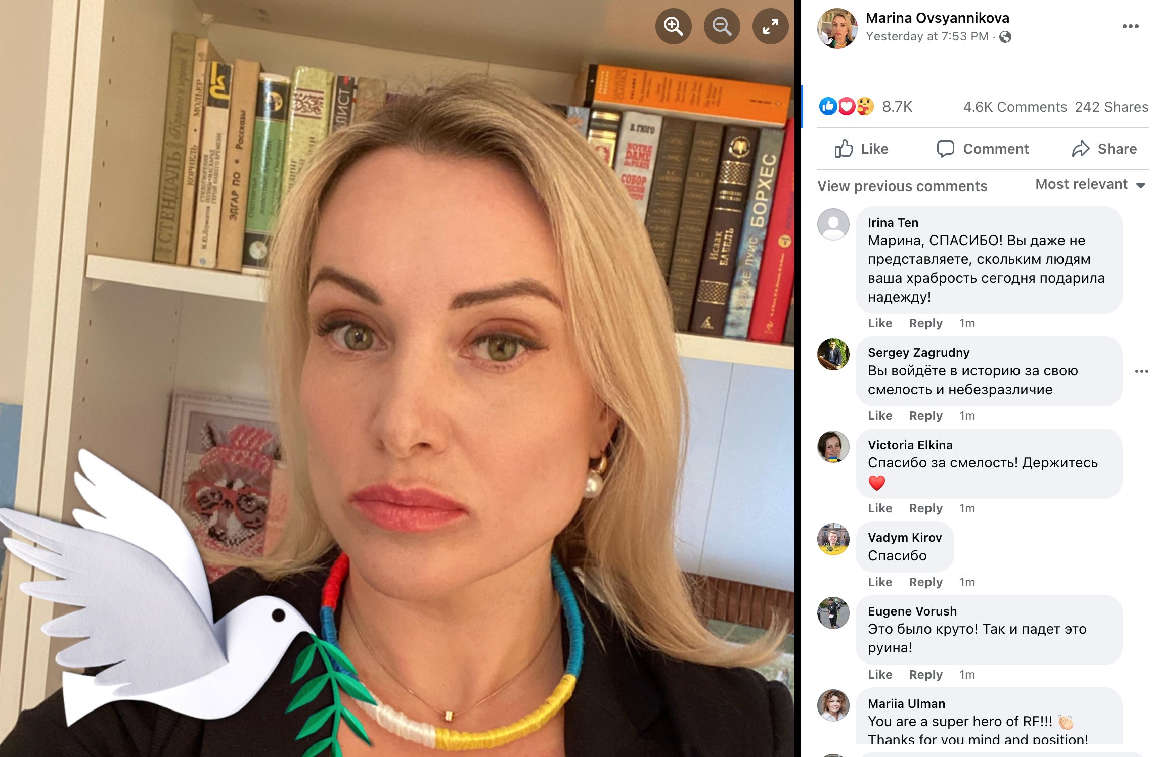 Anton Troianovski on Twitter: "Less than two hours after she burst onto the  Channel 1 set, Marina Ovsyannikova's Facebook page already has 4,600  comments from people mainly saying "thank you." https://t.co/IbElIQ032K" /