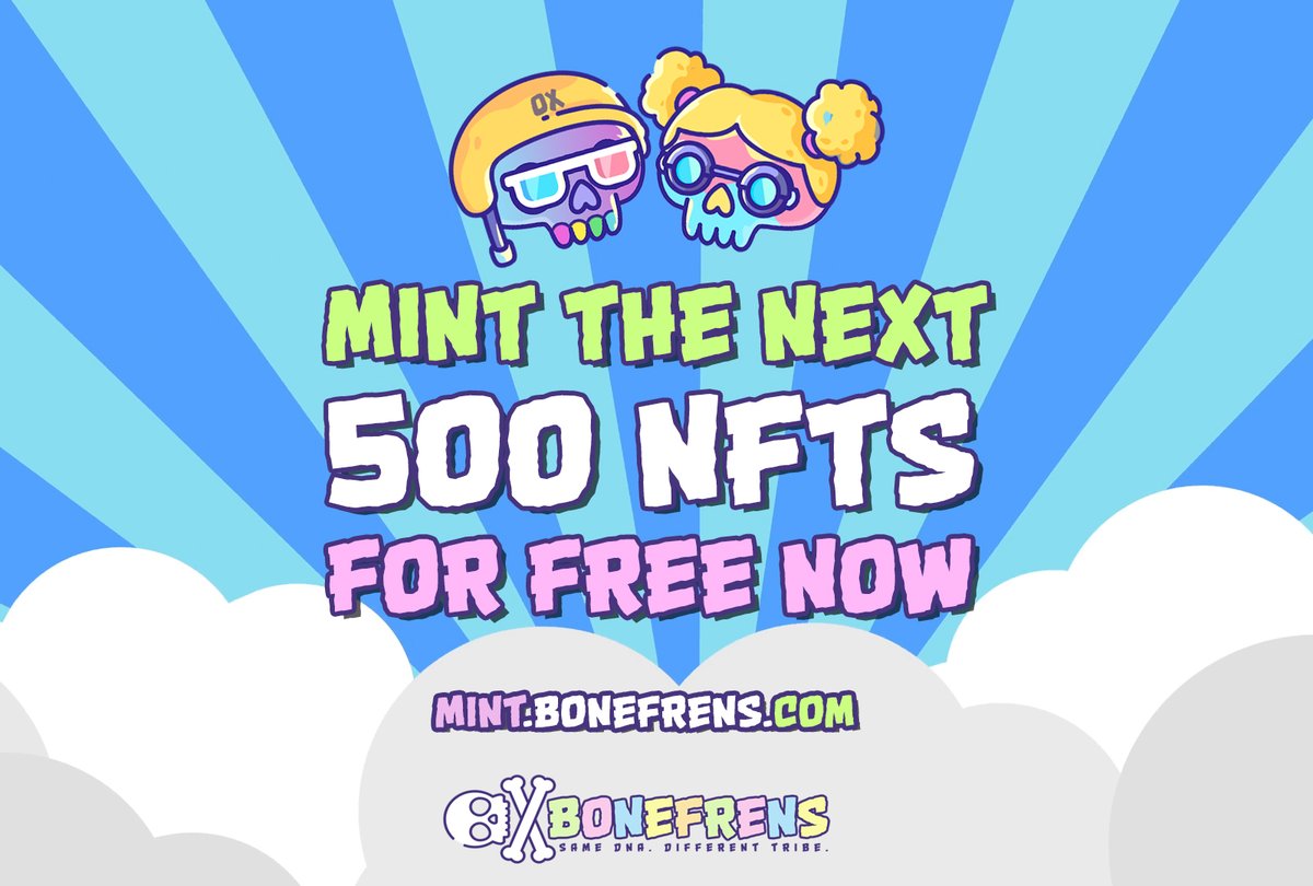 BONEFRENSNFT's tweet photo. ☠️GET THE NEXT 500 NFTs FOR FREE!☠️

Get up to 10 BONEFRENS NFT now for free:
https://t.co/LxFcZgNaYT 

We already sold 60%, lets give back and make it free until 75%

#freemintNFT #FreeMint #NFTdrop #0xApes #0xMAYC #NFTCommunity #nftcollectors #NFTGiveaway #NFTProject #nftart https://t.co/JMCynK3xX8