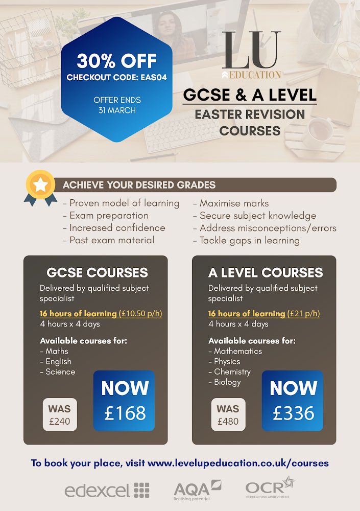 levelupeduuk's tweet photo. Easter revision courses for gcse and a level https://t.co/4JIwvI32T7