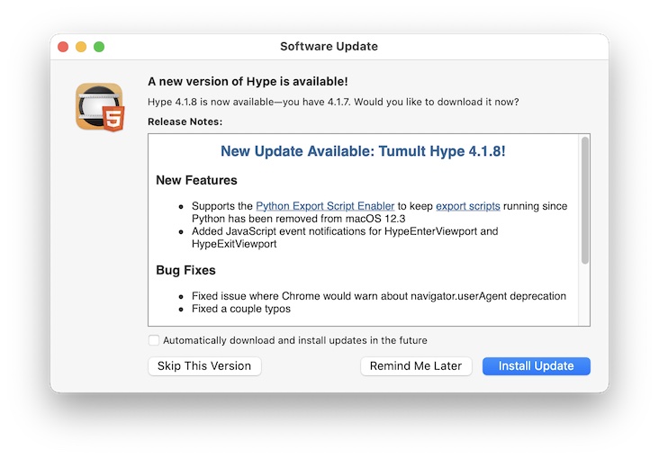 hypeapp's tweet image. Tumult Hype v4.1.8 is now available! This is a critical update if you are running the new macOS 12.3 and using Export Scripts.  Read our blog post for more info:

blog.tumult.com/2022/03/14/tum…