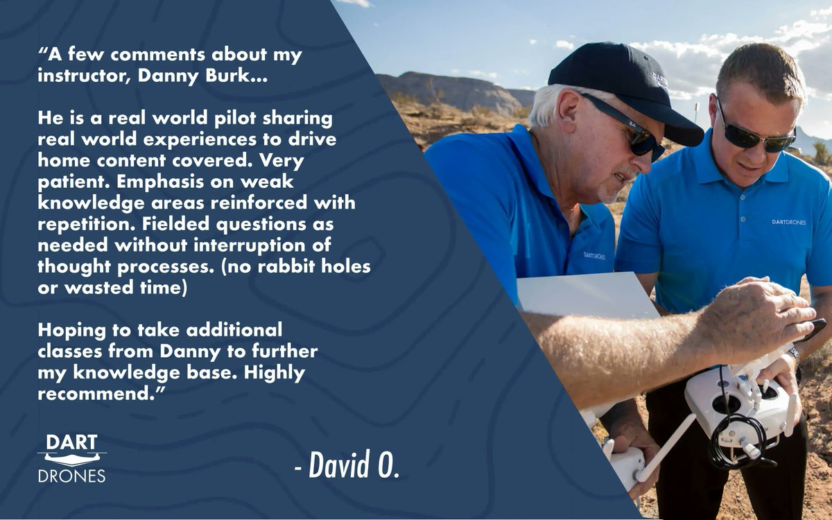 A huge thank you and shout out to David for the recent review. David spent a weekend with DARTdrones instructor, manned pilot, and drone business owner, Danny Burk, mastering the fundamentals of UAS technology.