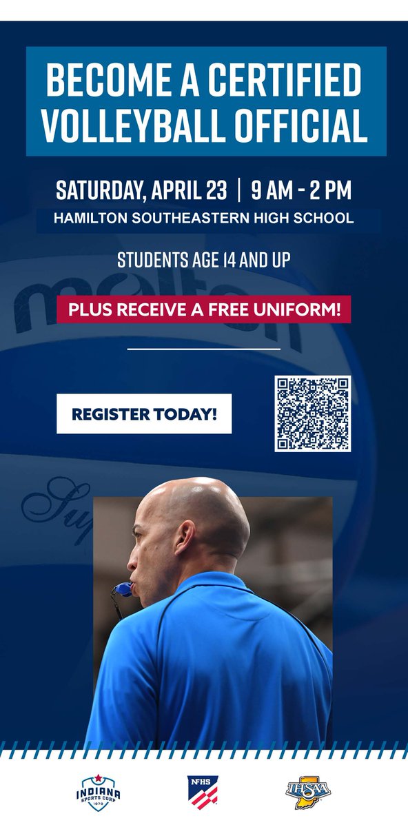 ihsvca's tweet image. Who loves to play and/or watch volleyball?  Who is willing to pick up a whistle in order for the next generation to play the game we love?  We NEED volleyball officials.  Join us on April 23 at HSE for the FREE officials&apos; clinic. Scan the QR code to register.