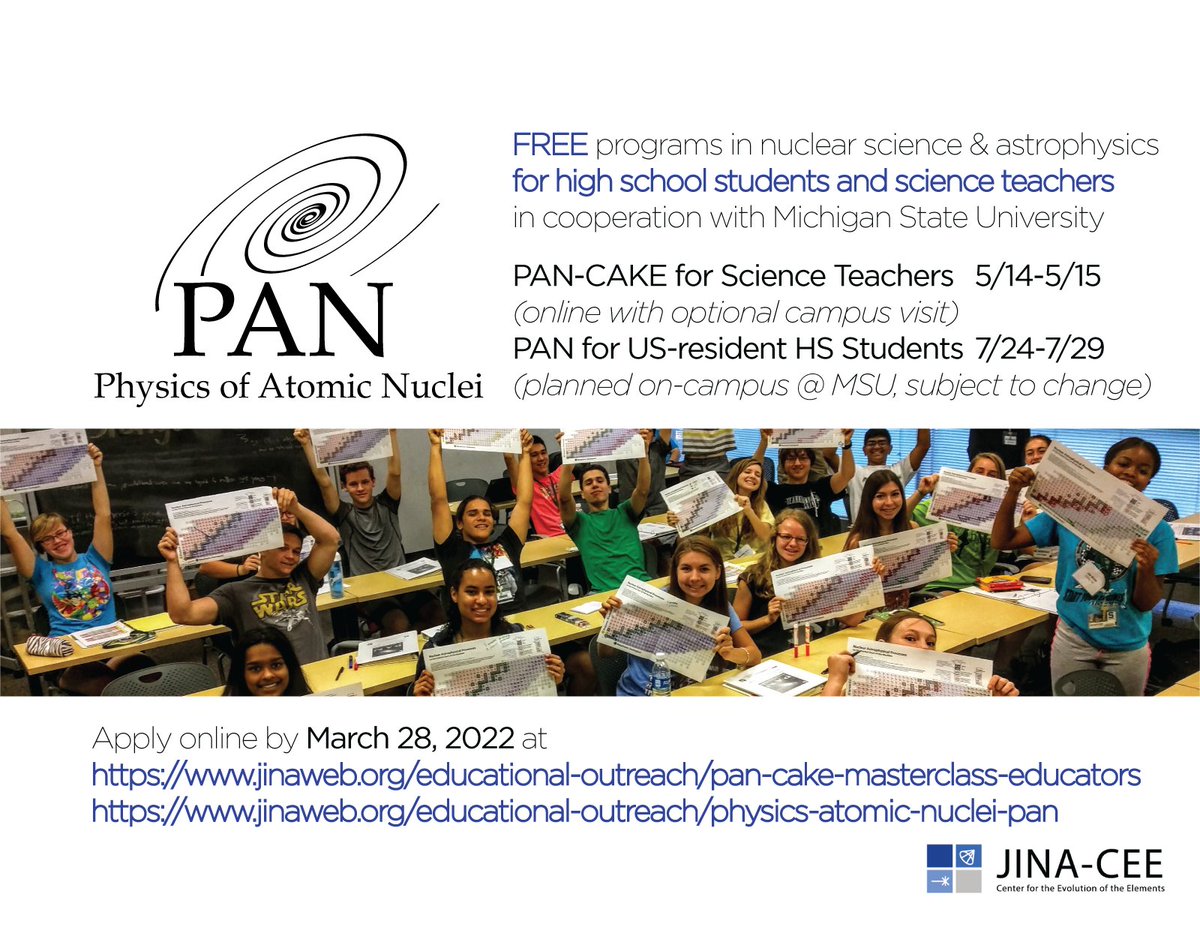 NSCL's tweet photo. Just two weeks left to apply for the Physics of Atomic Nuclei (PAN) summer program, where HS students can explore nuclear astrophysics research for themselves! Don't forget the PAN-CAKE program for science teachers. Apply now: https://t.co/fRckeaJk7S https://t.co/J0yv5fUbOk