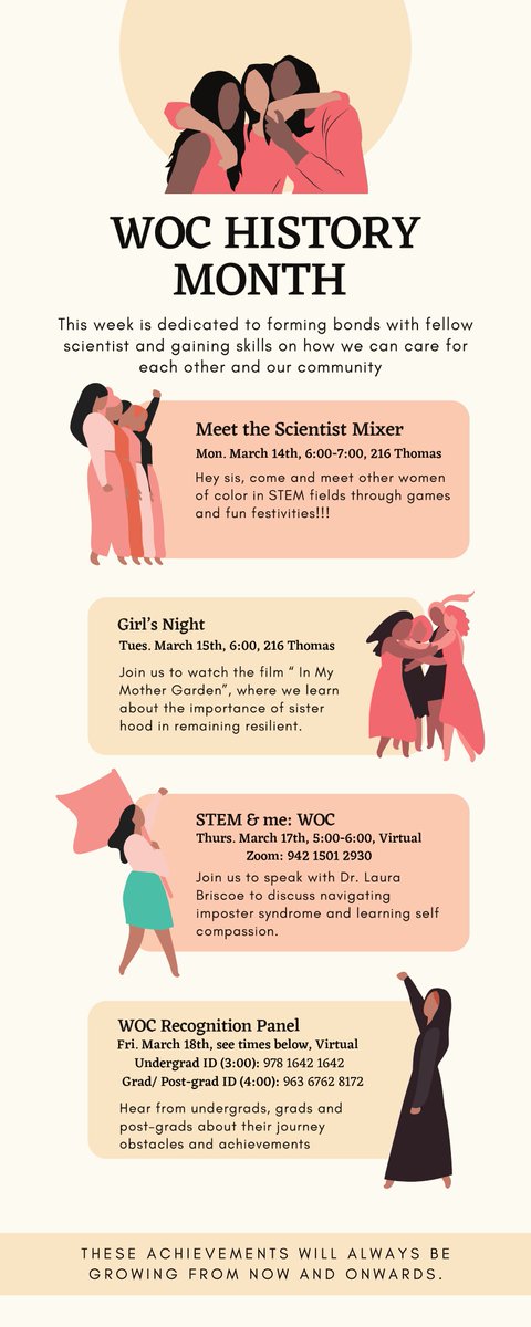 Our Minority Graduate Students in STEM group is promoting a series of events this week to build community and improve appreciation of WoC in STEM.

Check them out!