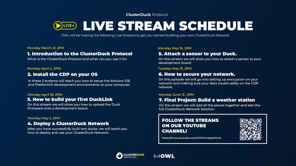 OWLIntegrations's tweet image. The dates and time for the #livestream schedule have been finalized! 📺🦆🦉
#clusterduckprotocol #cdp #opensource #iot #developer #lora