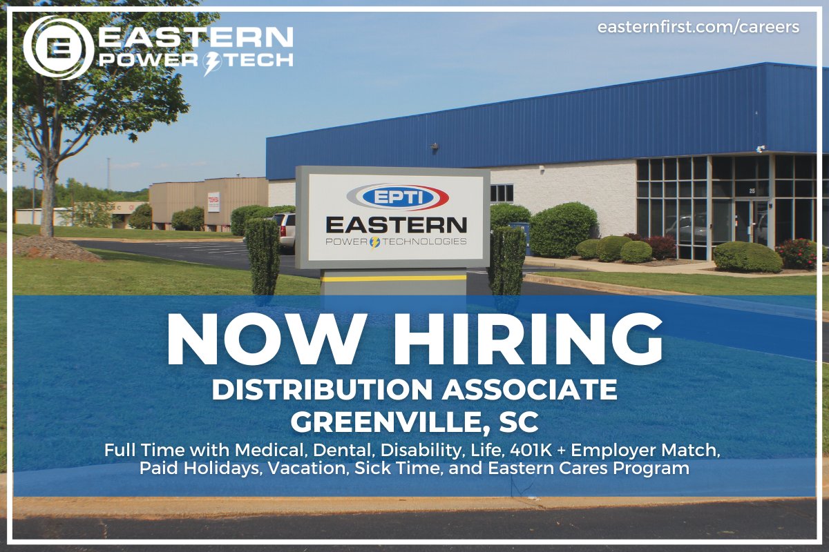 ThePowerTech's tweet image. Eastern Power Technologies is hiring a distribution associate to help process and fulfill orders at our warehouse in Greenville, SC.
Learn more: easternfirst.applicantpro.com/jobs/2274570.h…