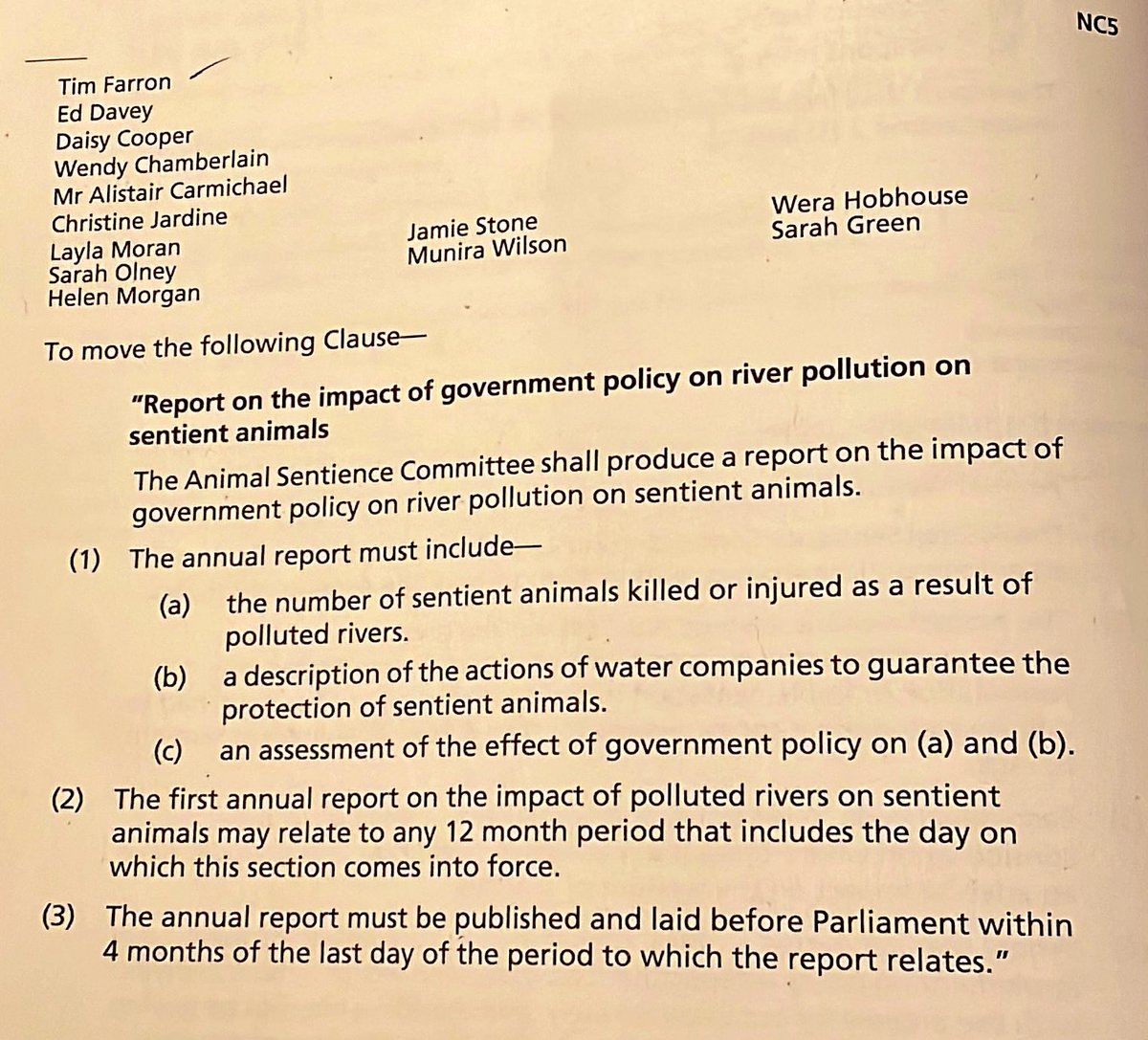 Just spoke in the House to propose my amendment to the Animal Welfare Bill requiring an annual Government report on the impact of sewage and pollution in our lakes &amp; rivers, especially relating to impact on animals. Surely Conservative MPs can't have any reason to vote this down?