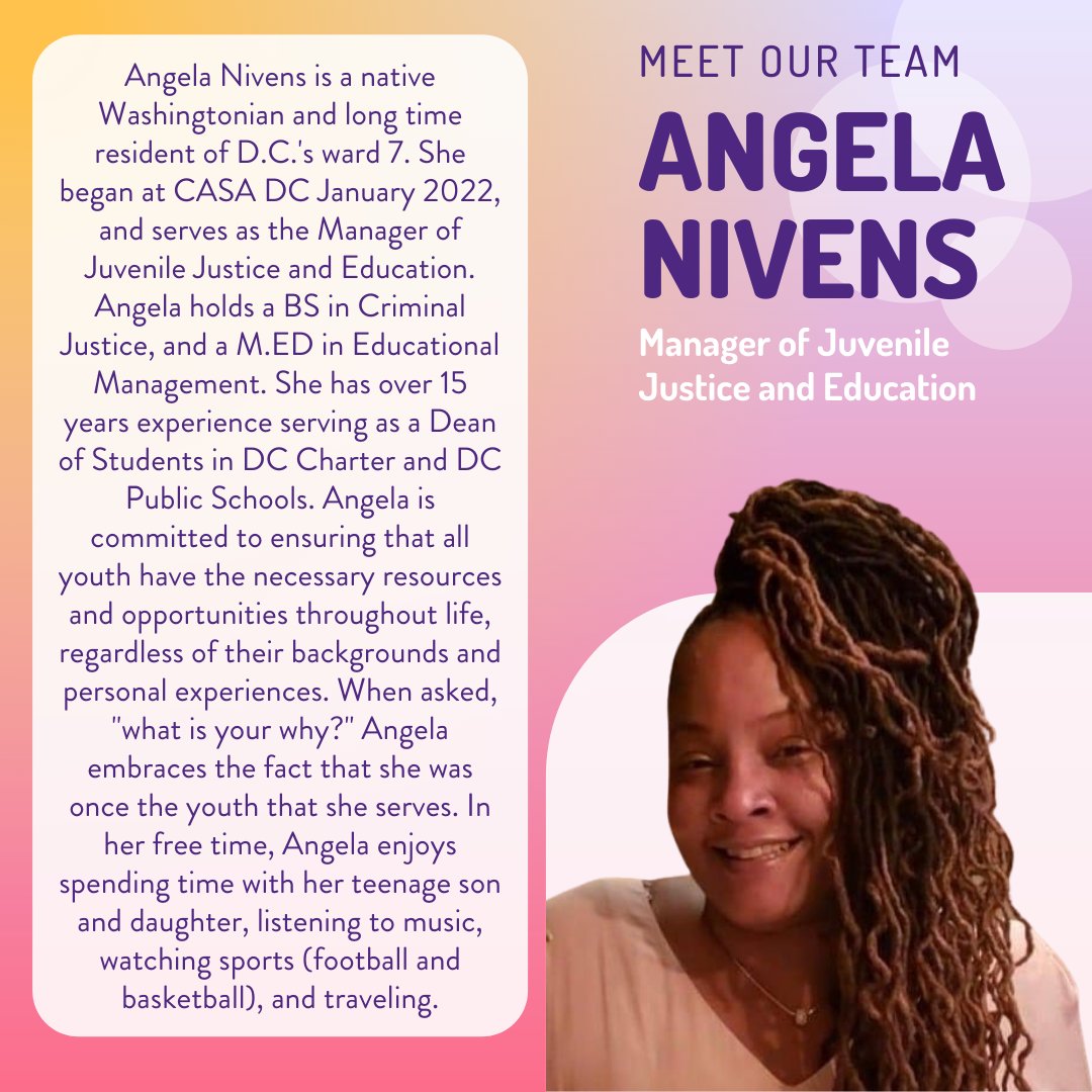 CASAofDC's tweet photo. Angela Nivens is a native Washingtonian and long time resident of D.C.'s ward 7. She began at CASA DC January 2022, and serves as the Manager of Juvenile Justice and Education.
#dcresident #dcpublicschools #dcps #juvenilejustice #education https://t.co/sfYWkBRSuJ
