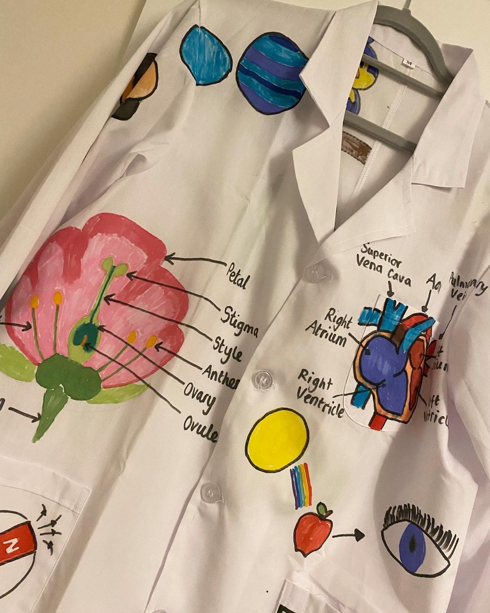 MissHCook's tweet photo. SCIENCE DAY!🥼

As ‘Science Lead’ at my school, I organised a Science Day to celebrate #BritishScienceWeek 

Each child brought in a white shirt to decorate as a lab coat. We covered them in everything we’ve learnt about Science! Here’s my WAGOLL that I showed in assembly!👩🏻‍🔬🧑🏼‍🔬 https://t.co/p69I63nA9e