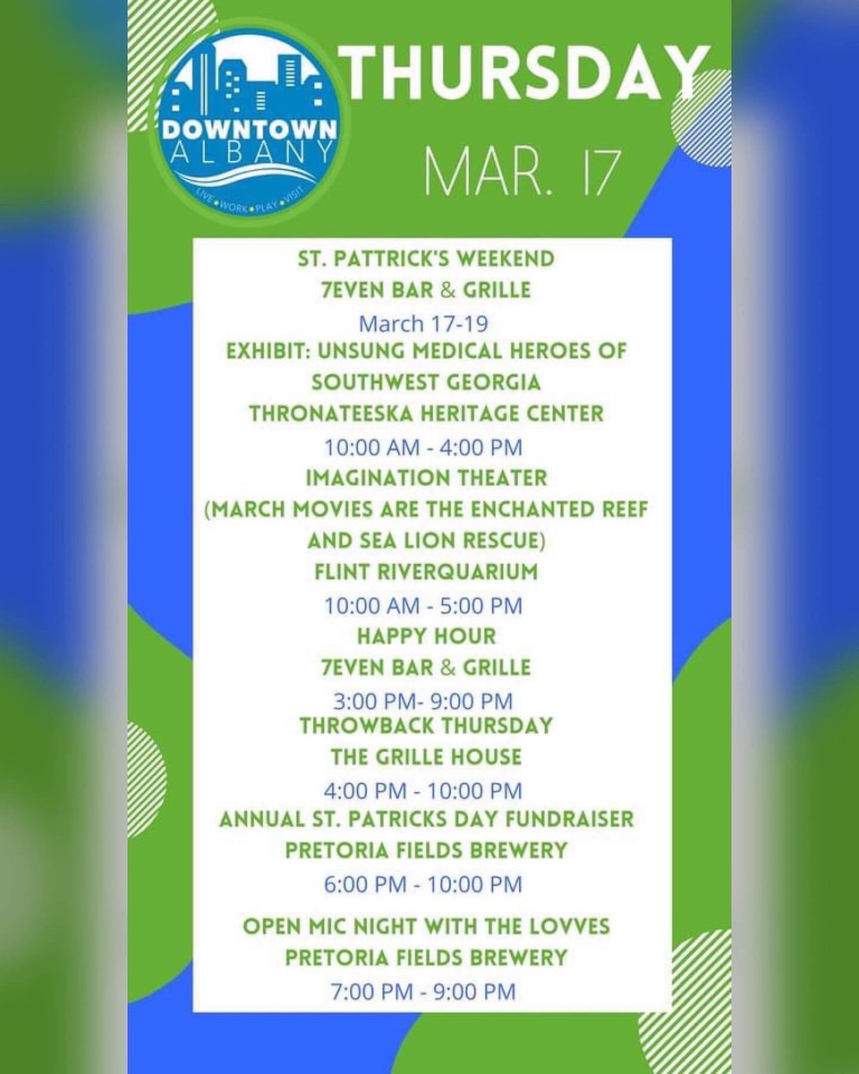 DtownAlbany's tweet photo. Check out what's happening in Downtown Albany this week!! For more information contact the Downtown Manager's Office at (229) 483-7665. https://t.co/bpwLZnxml6
