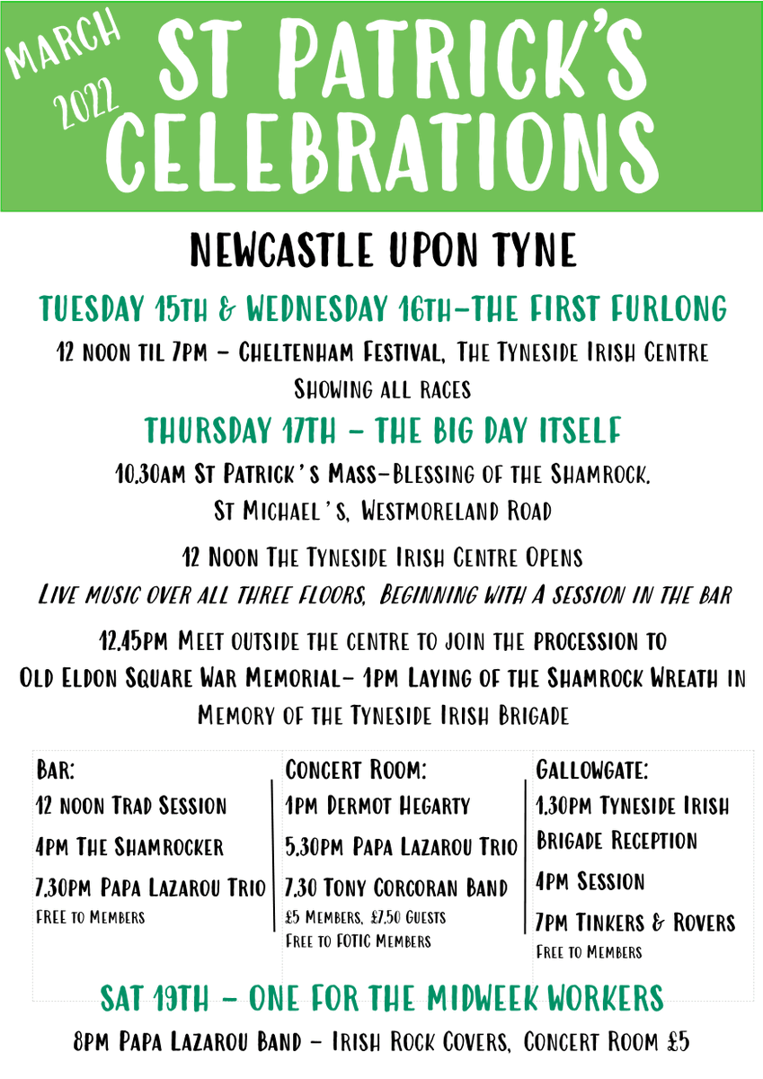 Tyneside_Irish's tweet photo. https://t.co/byOvE11dyG 
The latest version of what's on from this Thursday for our St Patrick's celebrations!
@toongael @tyneirishcs @TynesideIrishFC @HealyoD @tcfiddler @BillCorcoran5 @whatsonne @whatsonnorth @theirishpost @theirishworld https://t.co/8lrEUh8LvK