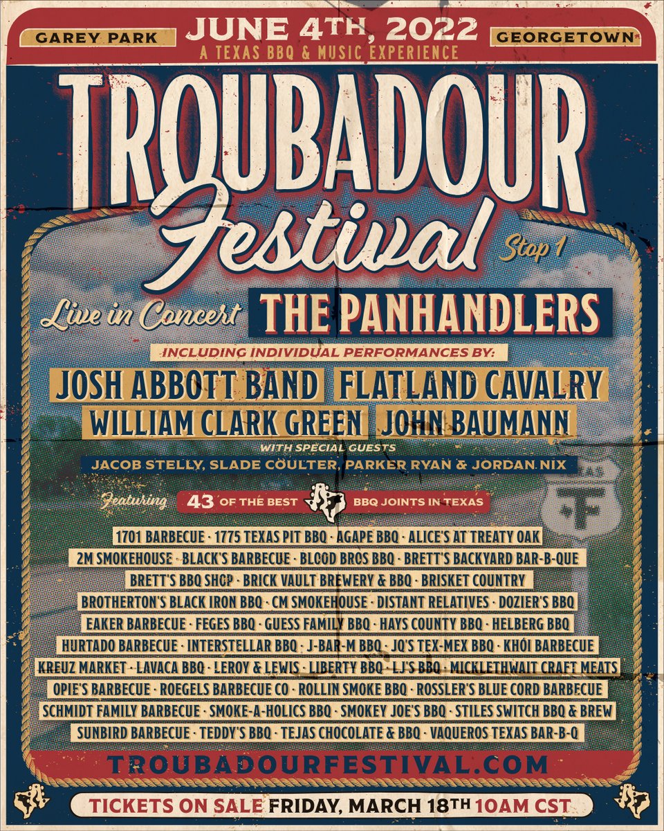 Georgetown, grab your boots and come hungry, because we're bringing the biggest Texas BBQ &amp; Music Experience to Garey Park on June 4. Tickets go on sale at 10:00 AM Friday (3/18) at troubadourfestival.com.

Sign up for emails on our website to get presale access on Thursday.🤠
