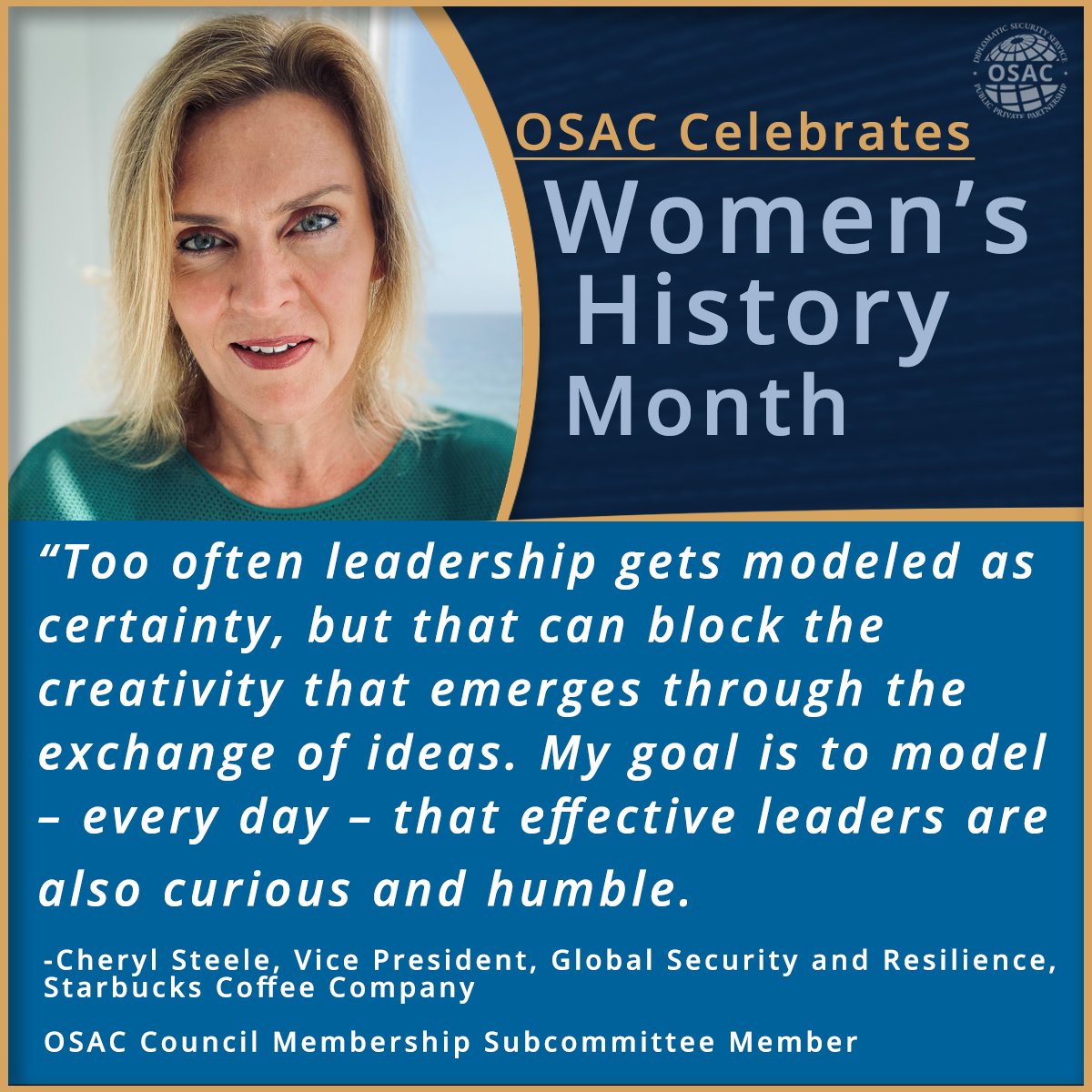 OSACstate's tweet photo. “Too often leadership gets modeled as certainty, but that can block the creativity that emerges through the exchange of ideas.
My goal is to model – every day – that effective leaders are also curious and humble. (1/3)
#WomensHistoryMonth #WHM #InsideOSAC #WomenLeaders https://t.co/ZXl3MEdjwh