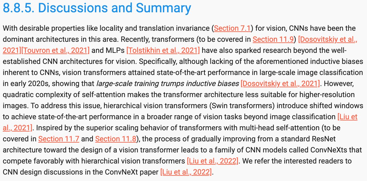 While ConvNeXt (2022) further sparks the debate between CNNs and transformers for vision, D2L.ai added a CNN design section covering ResNeXt-itication <a href="/sainingxie/">Saining Xie</a> et al, RegNets Radosavovic et al, ConvNeXt <a href="/liuzhuang1234/">Zhuang Liu</a> et al. Preview at: preview.d2l.ai/d2l-en/master/…