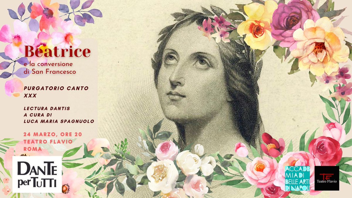 💫 Nel Canto XXX del Purgatorio appare finalmente #Beatrice. ✨

🌺 La donna è avvolta in una nuvola di fiori ed è paragonata da Dante a quella luce rosea e velata che emana il sole quando sorge. 🌄

📍Teatro Flavio 24 marzo, ore 20. 

Come partecipare: fb.me/e/1LK3Gw1KU