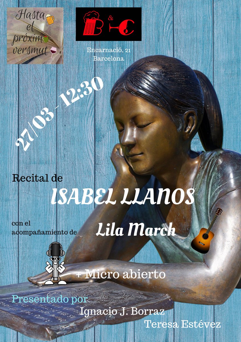 proximoverso's tweet photo. Regresamos el 27 de marzo (último domingo de mes, siempre 😉) para compartir #VERSmut con la poesía de @Isabel_Llanos  y el acompañamiento musical de #LilaMarch y, luego, micro abierto para que te animes a recitar tú también 😉
Te esperamos 📖en el #beerycocktails https://t.co/xqteb76c4y