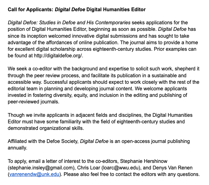 Stephanie Insley Hershinow (@s_insley_h) on Twitter photo We're also looking for someone to join our team at <a href="/DigitalDefoe/">DigitalDefoe Journal</a> to support the digital humanities content in the journal. Is that you or someone you know? Drop us a line or come chat with us at #ASECS22. We're also looking for someone to join our team at <a href="/DigitalDefoe/">DigitalDefoe Journal</a> to support the digital humanities content in the journal. Is that you or someone you know? Drop us a line or come chat with us at #ASECS22.