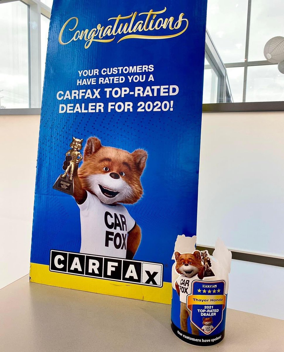 thayerhonda's tweet photo. We’re proud to serve you as a #CarfaxTopRated dealership! Call, click, or stop in for assistance with your current vehicle, or new vehicle search. We’re happy to help! #ThinkThayer #Honda https://t.co/zTYKefPNIH