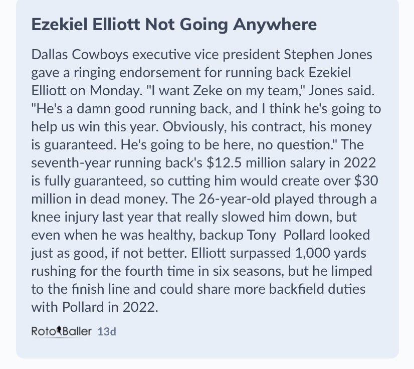 SamCohen_5's tweet photo. @FF_Ferg Think this explains why they couldn’t get rid of Zeke tbh. Their only option would be through a trade and for another team to take on his contract which isn’t likely lol https://t.co/vDnPG7lC68