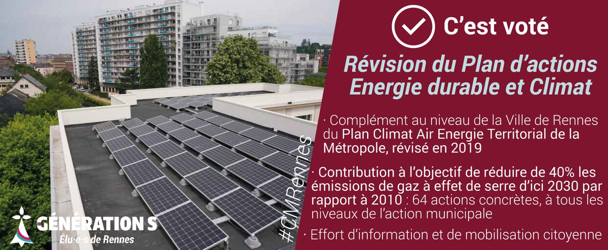 ElusGsRennes's tweet photo. Nous adoptons le #PAEDC révisé et enrichi de notre Ville, en complément du Plan Climat Air Energie Territorial de la métropole, pour intensifier la décarbonation de Rennes dans l'intérêt des habitants et de la planète #PlusTardCestTropTard https://t.co/m20h7Mags4