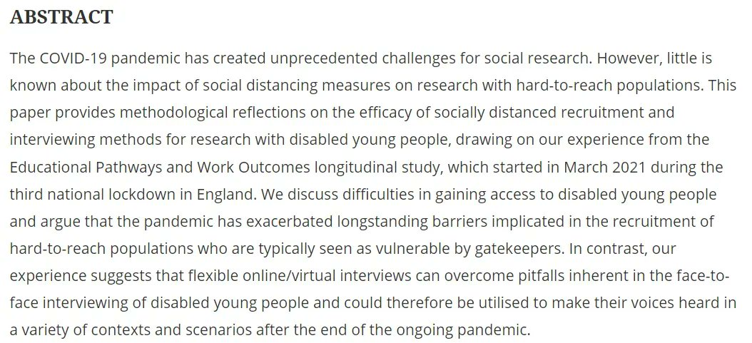 SocioWarwick's tweet photo. NEW! 
Giving a socially distanced voice to disabled young people: Insights from the Educational Pathways &amp; Work Outcomes longitudinal study

Article hot off the press from @AngharadBR &amp; Stella Chatzitheochari @DisTransitions in @IJSRM
#disability #YoungPeople #OnlineInterviewing https://t.co/8tD7vfZl0H