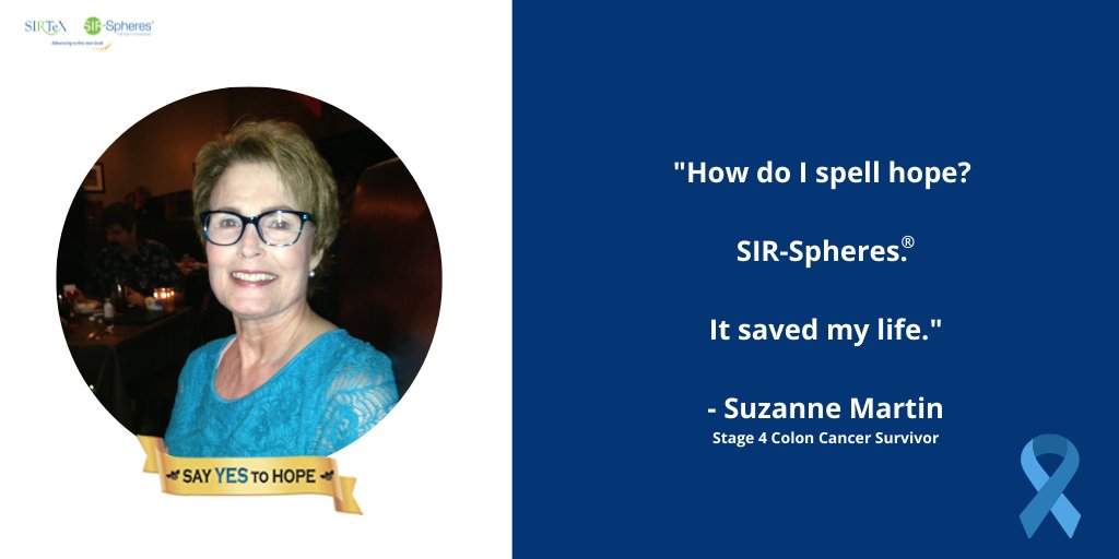 SirtexMedical's tweet photo. In 2012, Suzanne was diagnosed with stage 4 #colorectalcancer. After several treatments, the cancer reappeared in her liver and she turned to SIR-Spheres® #Y90 resin microspheres, inspiring more hope in her than ever before. 

#SIRSpheresSurvivor #CRCAwarenessMonth @CCAlliance https://t.co/vzU6wSC8QV