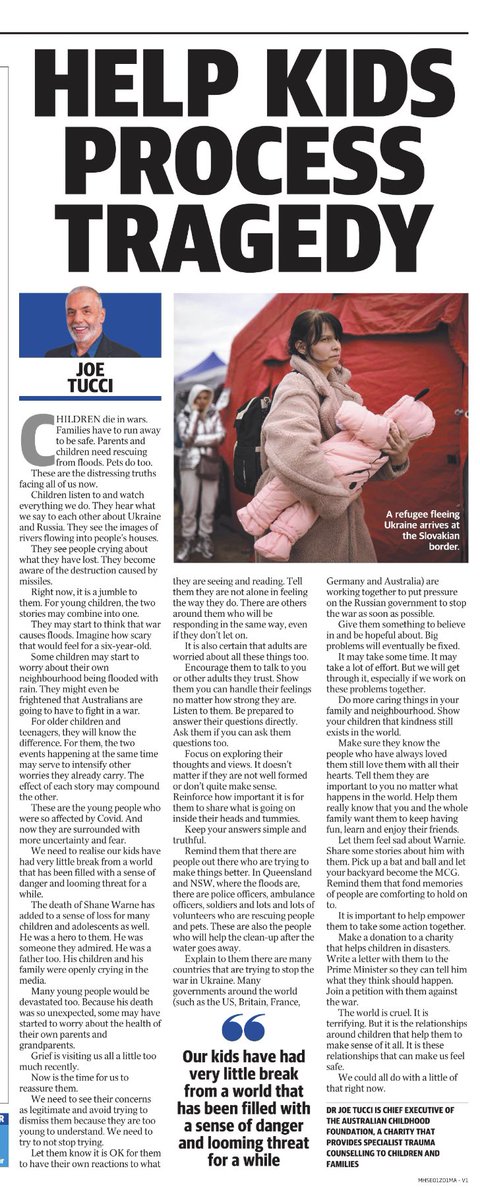 It is a confusing and complex time for children. There are so many stories that reflect danger and loss. My thoughts in <a href="/theheraldsun/">Herald Sun</a> today about what to do to help them make sense of it all. Kindness is the key.