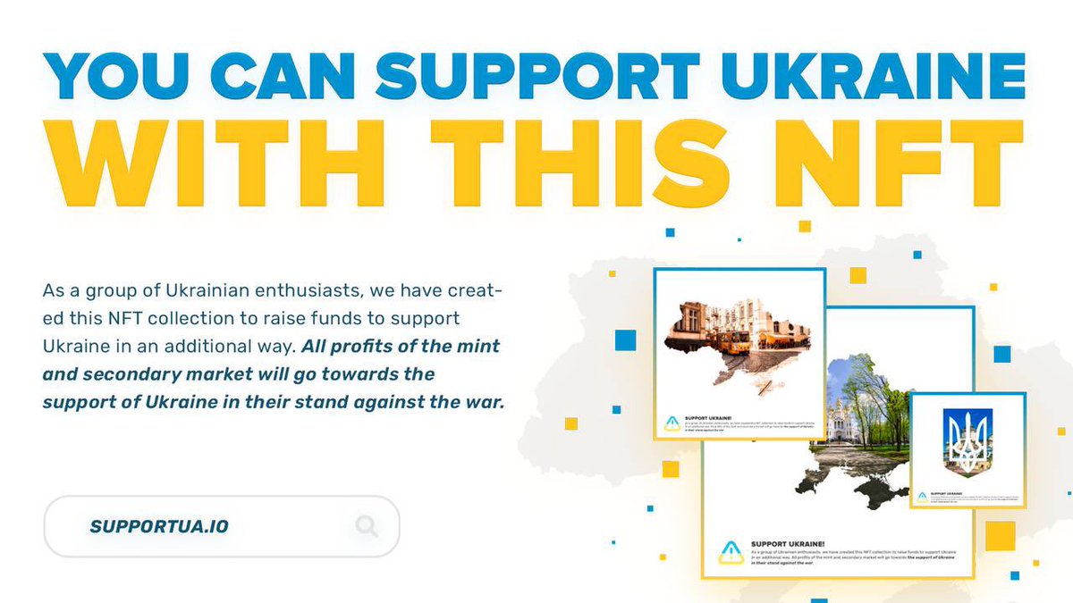 Hello everyone, 
There is a new NFT collection which is in full support to HELP the Ukrainian Army. 

ALL money raised from this collection will be sent to official ETH address of Ukrainian Government, proofs can be found on our website.

supportua.io