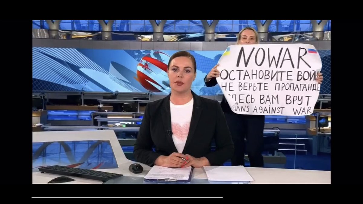 During live news broadcast of 1st channel (prime time + #1/2 channel in Russia) its editor Marina Ovskyannikova jumped in with "No war, don't believe in propaganda, they lie to you" sign. Reminds me 1968 when 7 brave protested against USSR invasion in CSR on the Red Square.